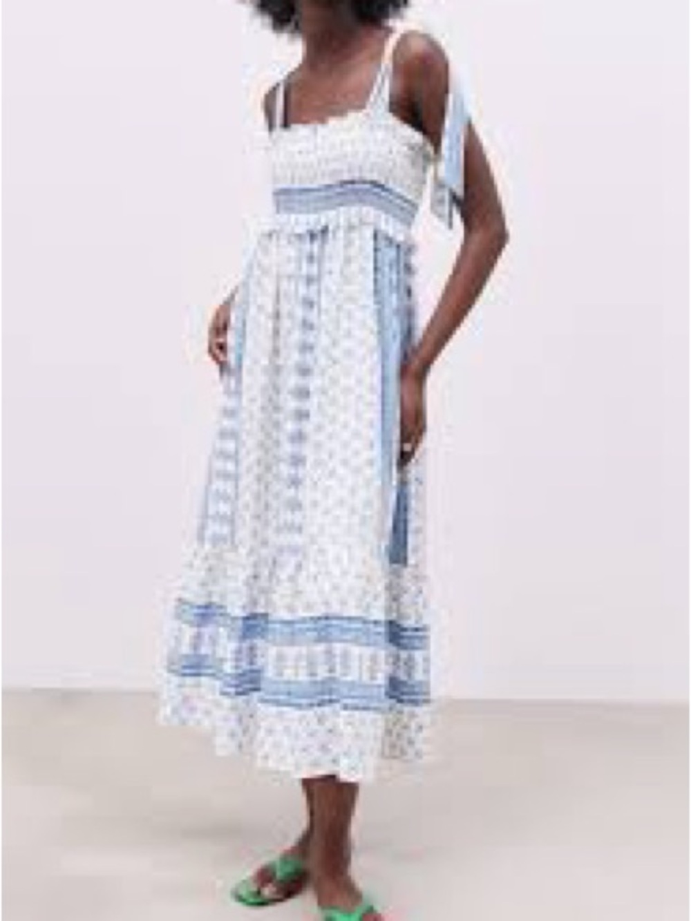 Blue and White Tie-Shoulder Midi Dress